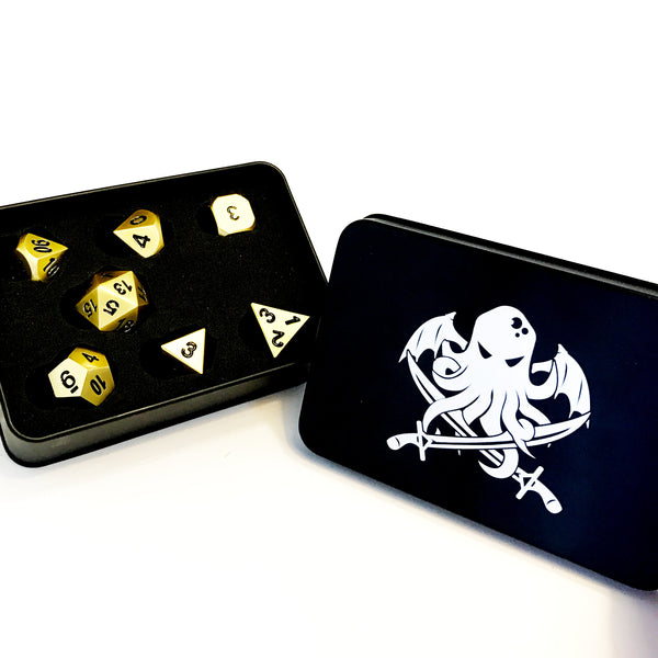 Cthulhu's Gold Solid Metal Polyhedral D&D Dice Set with Case